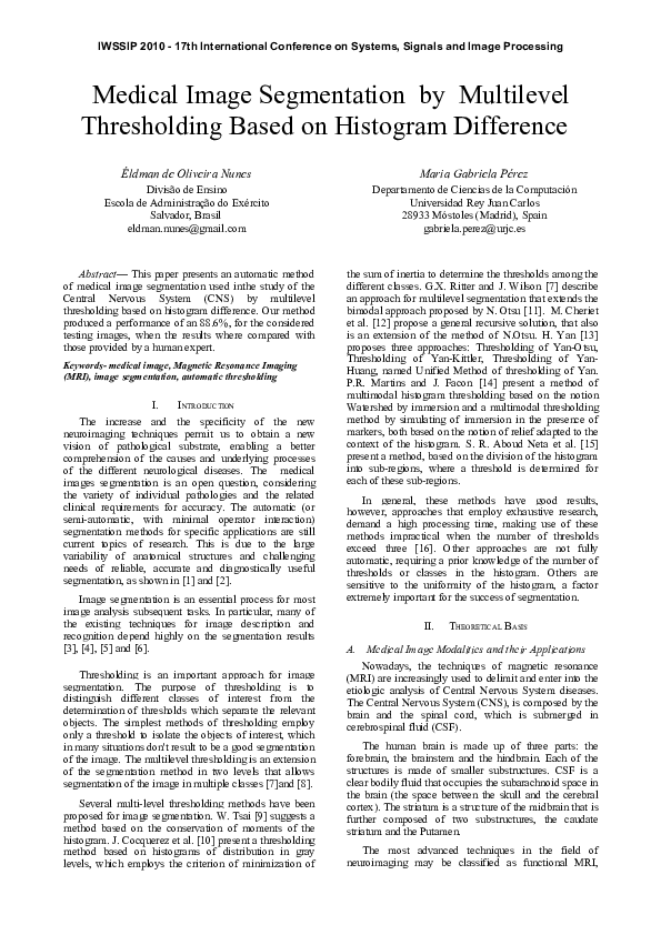 (PDF) Medical Image Segmentation by Multilevel Thresholding Based on ...