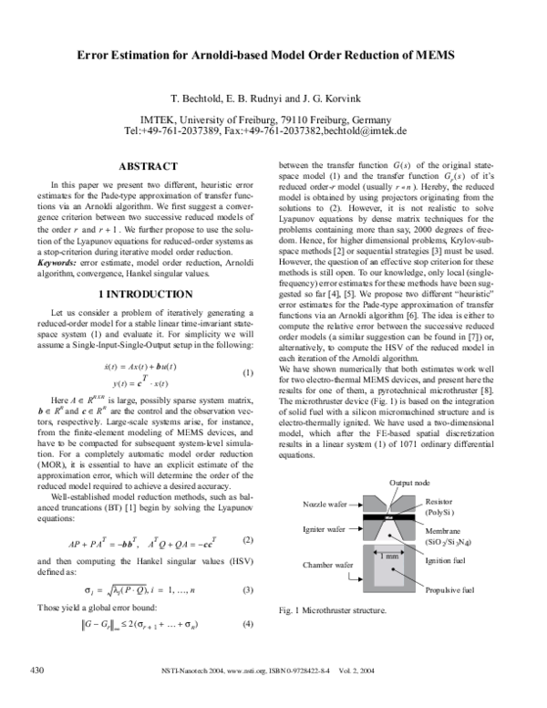 (PDF) Error estimation for Arnoldi-based model order reduction of MEMS