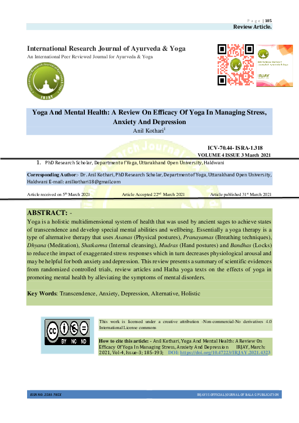 (PDF) Yoga And Mental Health: A Review On Efficacy Of Yoga In Managing ...