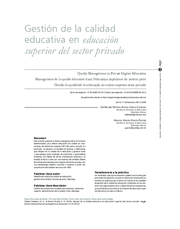 (PDF) Gestión de la calidad educativa en educación superior del sector ...