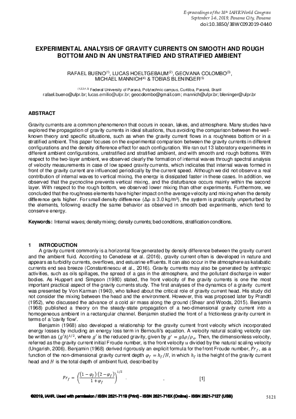 (PDF) Experimental Analysis of Gravity Currents on Smooth and Rough ...