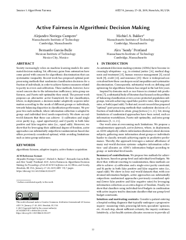 Pdf Active Fairness In Algorithmic Decision Making