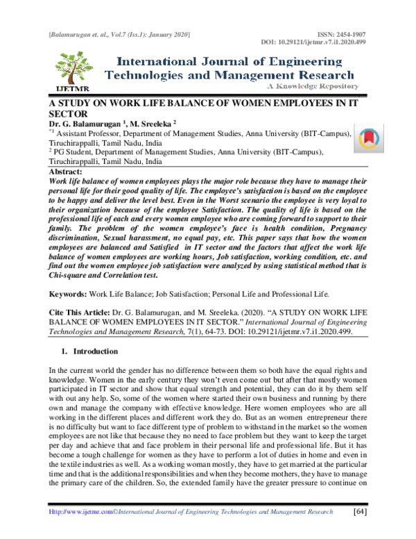 (PDF) A Study on Work Life Balance of Women Employees in It Sector