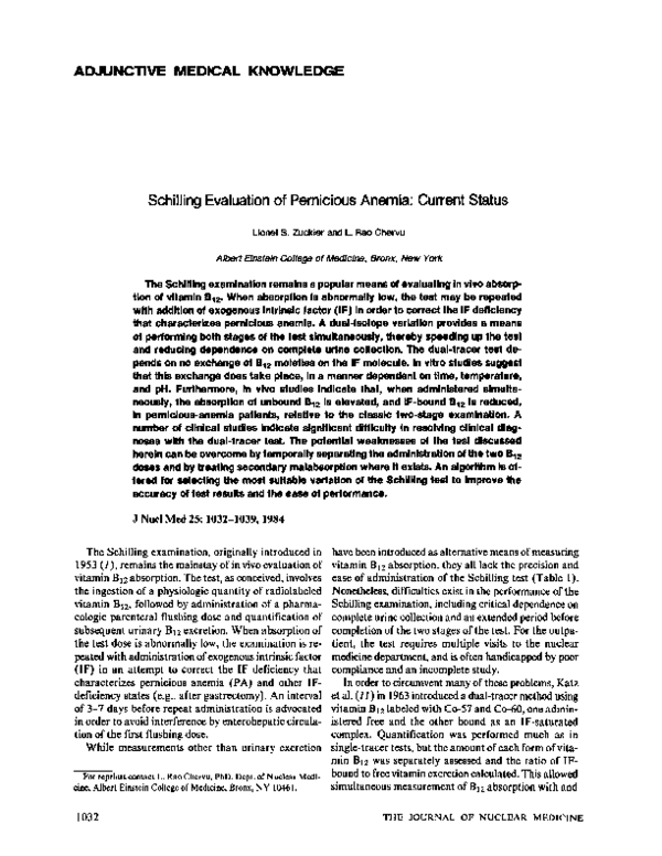 (PDF) Schilling evaluation of pernicious anemia: current status