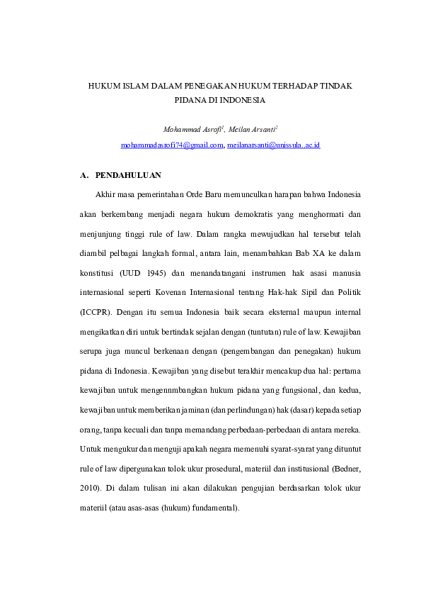 (PDF) HUKUM ISLAM DALAM PENEGAKAN HUKUM TERHADAP TINDAK PIDANA DI INDONESIA