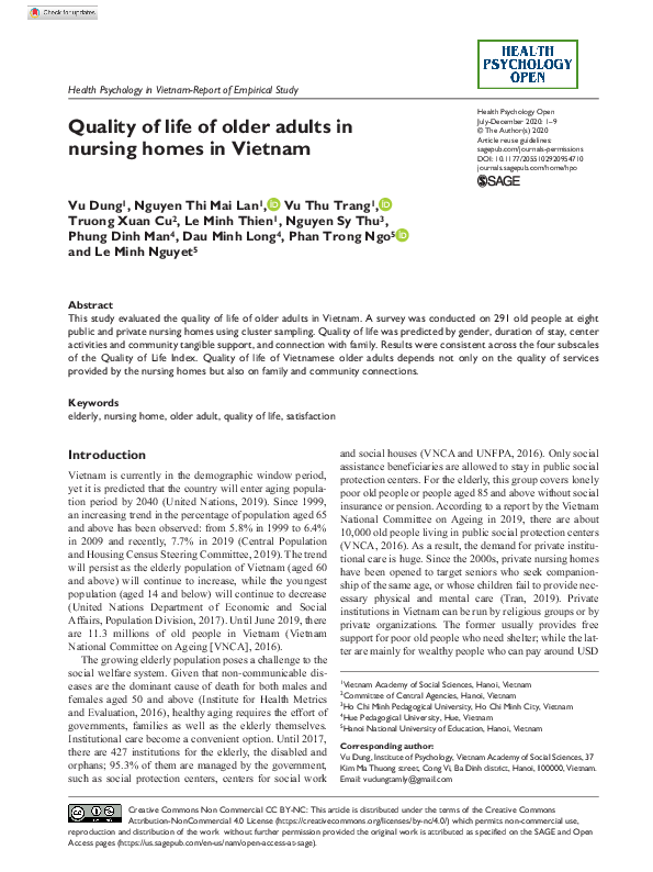(PDF) Quality of life of older adults in nursing homes in Vietnam