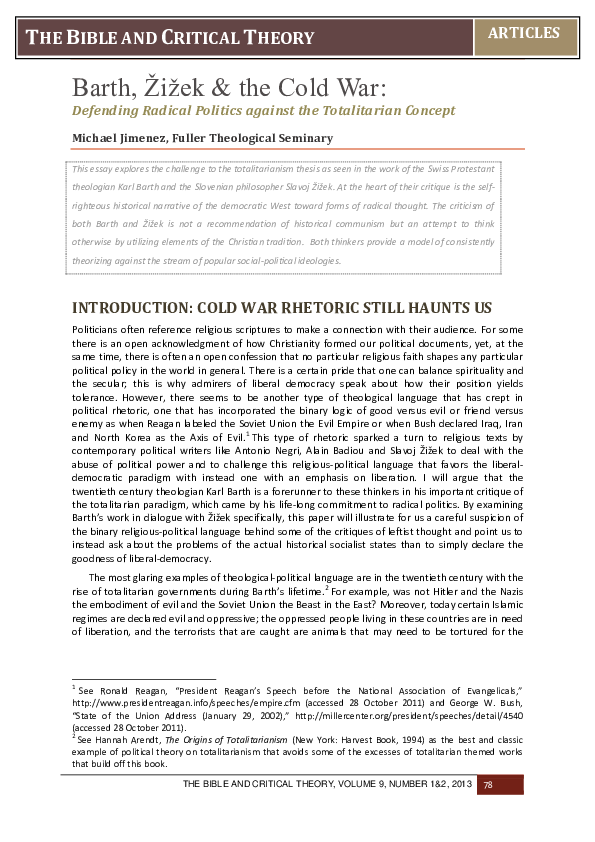 (PDF) Barth, Žižek & the Cold War: Defending Radical Politics against ...