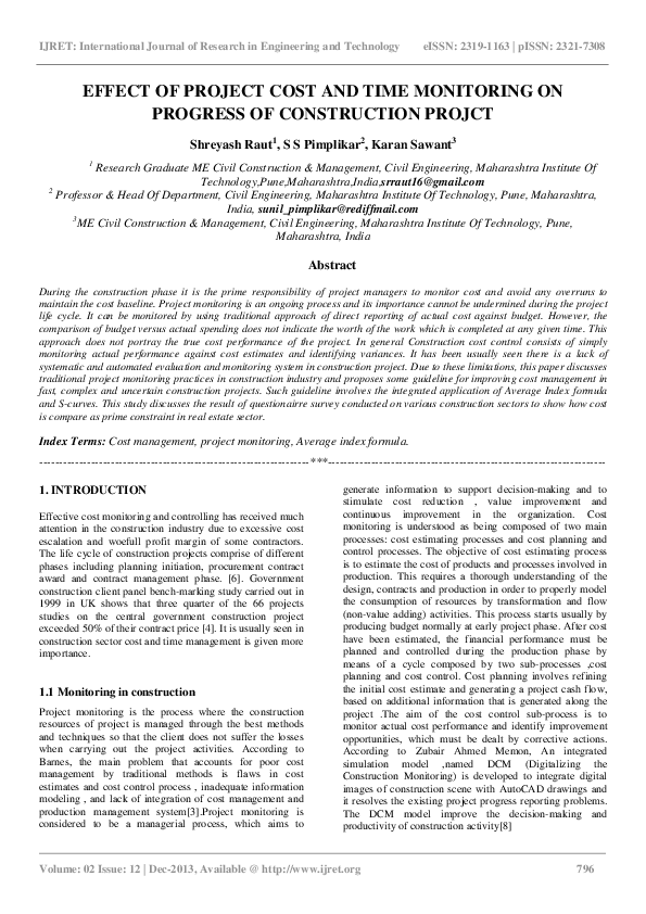 (PDF) Effect of Project Cost and Time Monitoring on Progress of ...
