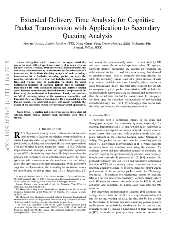 (PDF) Extended Delivery Time Analysis for Cognitive Packet Transmission ...