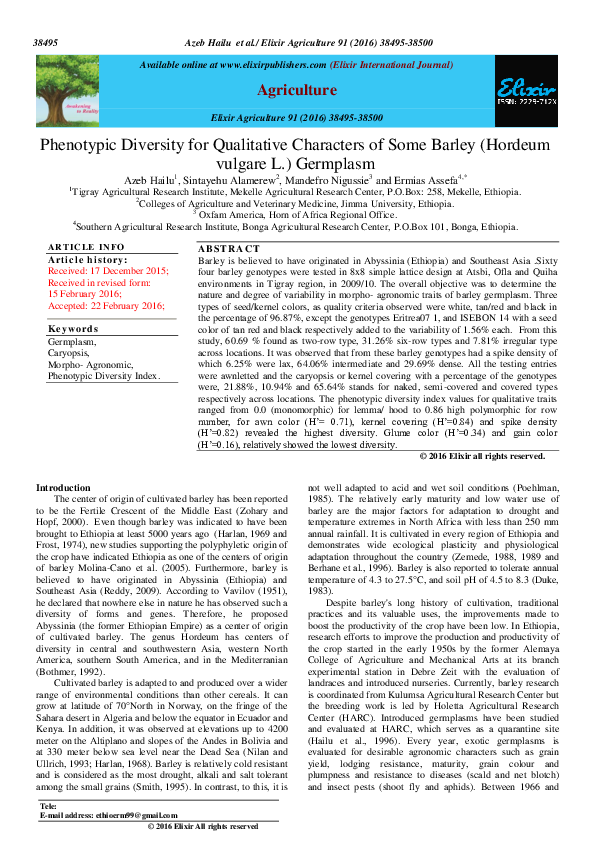 (PDF) Phenotypic Diversity for Qualitative Characters of Some Barley ...
