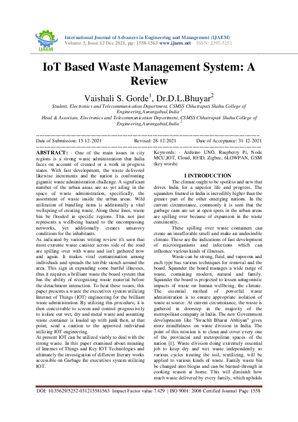 (PDF) IoT Based Waste Management System: A Review