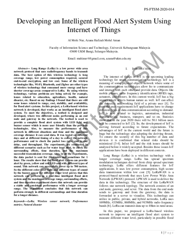 (PDF) Developing an Intelligent Flood Alert System Using Internet of Things