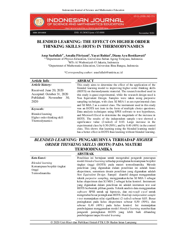 (PDF) Blended Learning: The Effect on Higher Order Thinking Skills ...