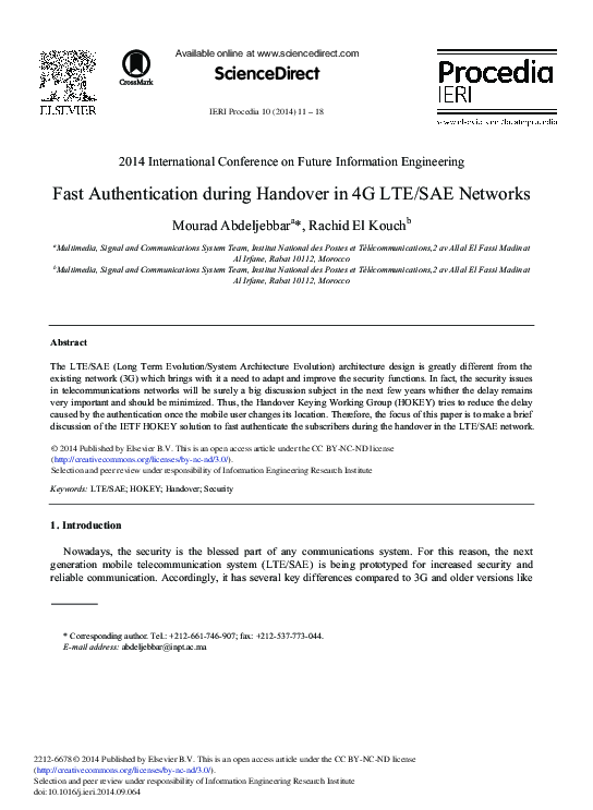 (PDF) Fast Authentication during Handover in 4G LTE/SAE Networks