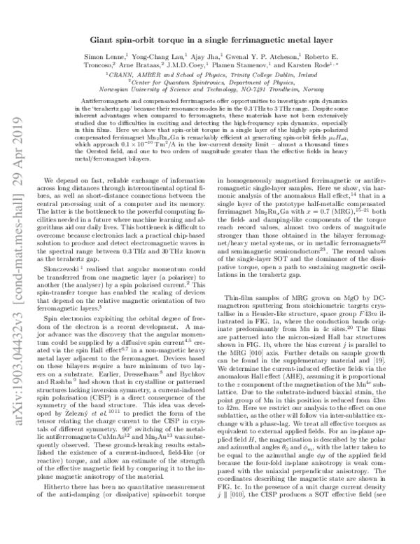 (PDF) Giant spin-orbit torque in a single ferrimagnetic metal layer