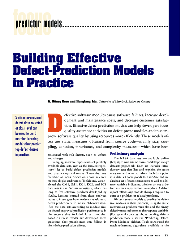 (PDF) Building Defect Prediction Models in Practice