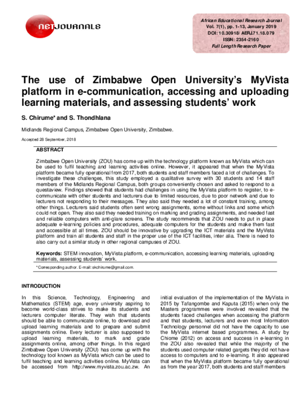 (PDF) The use of Zimbabwe Open University’s MyVista platform in e ...