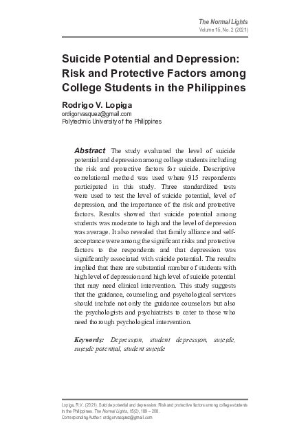 Pdf Suicide Potential And Depression Risk And Protective Factors