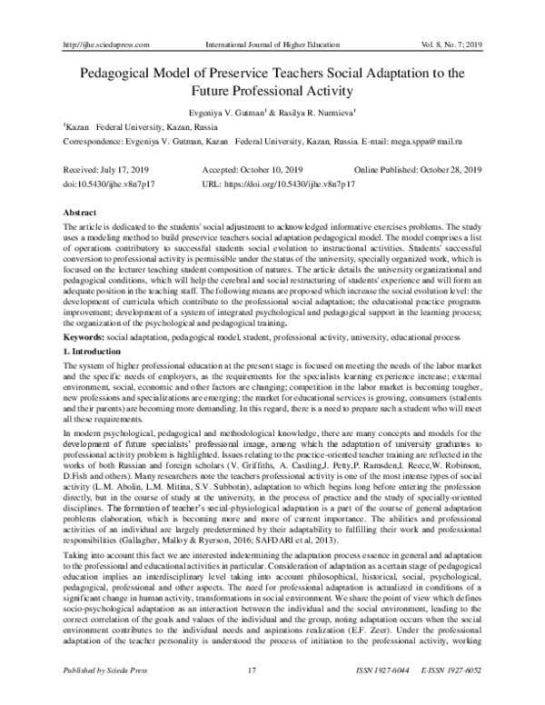 (PDF) Pedagogical Model of Preservice Teachers Social Adaptation to the ...