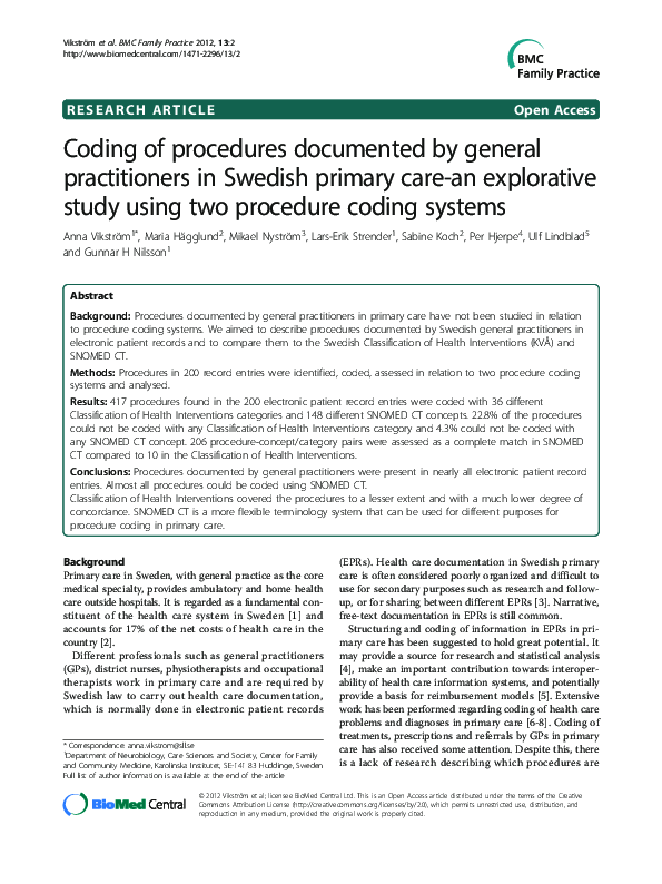 Coding of procedures documented by general practitioners in Swedish ...