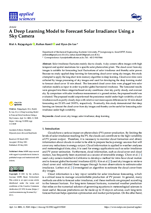 (PDF) A Deep Learning Model to Forecast Solar Irradiance Using a Sky Camera