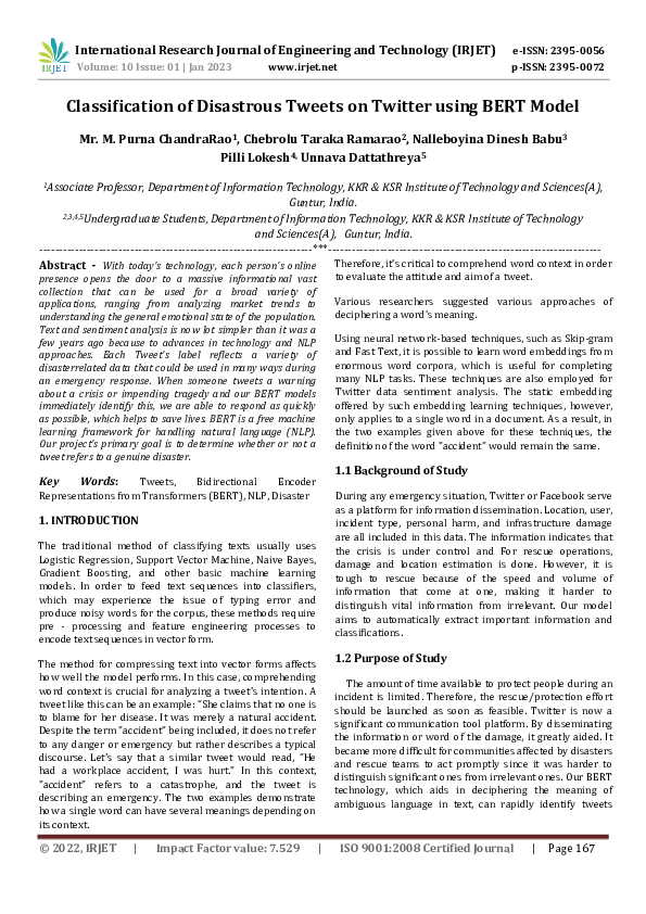 (PDF) Classification of Disastrous Tweets on Twitter using BERT Model