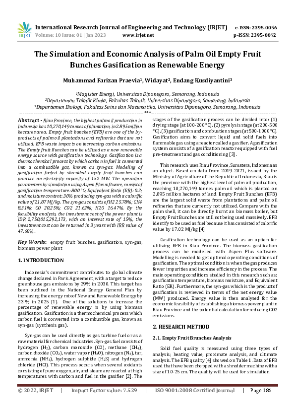 (PDF) The Simulation and Economic Analysis of Palm Oil Empty Fruit ...