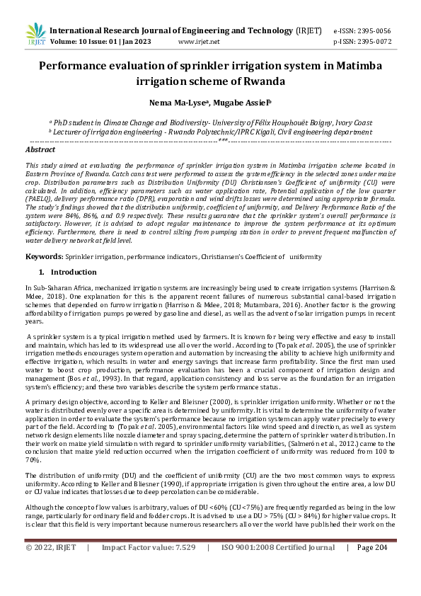 (PDF) Performance evaluation of sprinkler irrigation system in Matimba ...