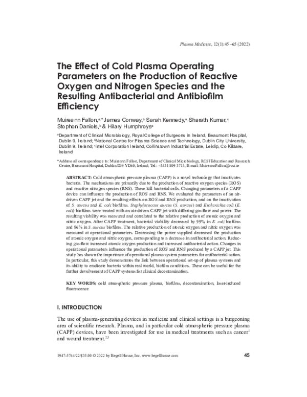 (PDF) The Effect of Cold Plasma Operating Parameters on the Production ...