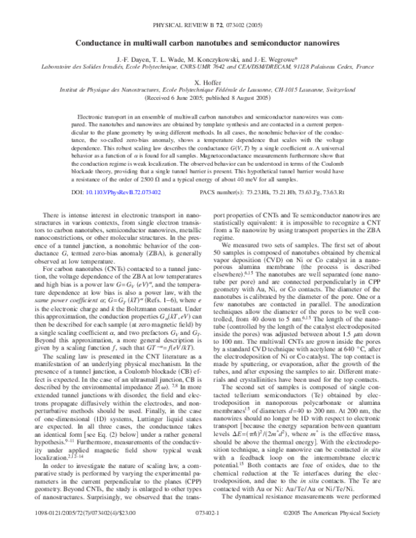(PDF) Conductance in multiwall carbon nanotubes and semiconductor nanowires