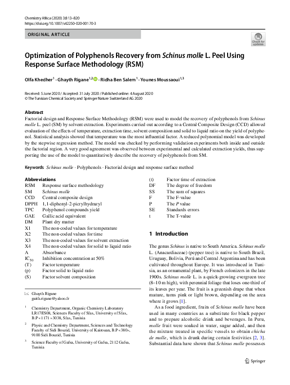 (PDF) Optimization of Polyphenols Recovery from Schinus molle L. Peel ...