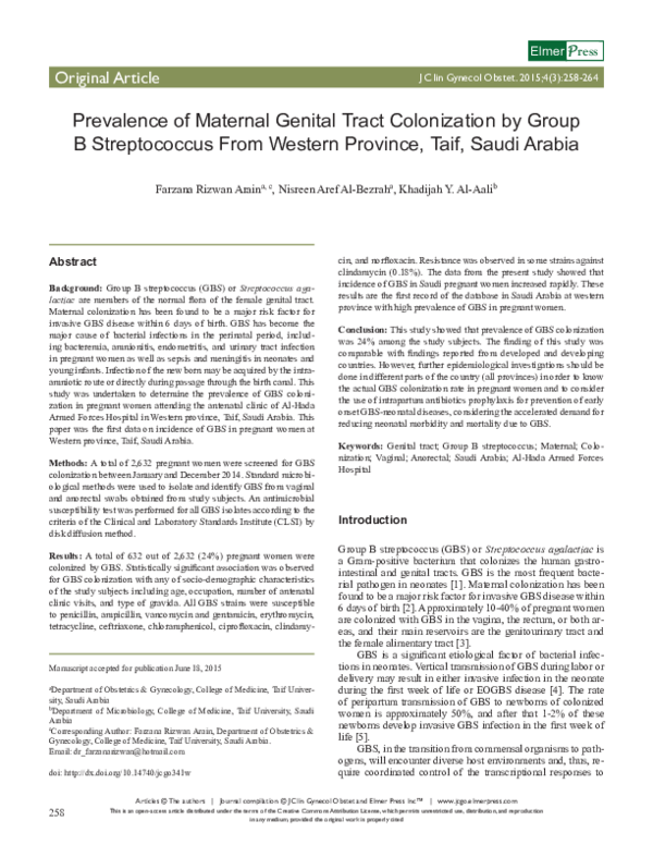 (PDF) Prevalence of Maternal Genital Tract Colonization by Group B ...