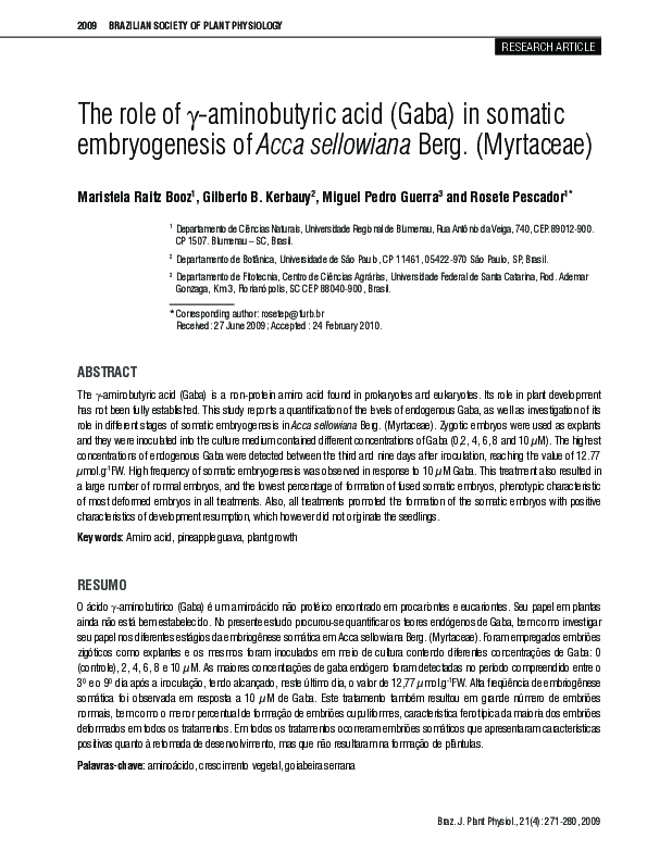 (PDF) The role of γ -aminobutyric acid (Gaba) in somatic embryogenesis ...