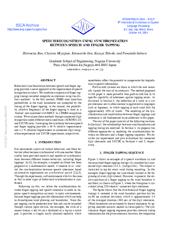 (PDF) Speech recognition using synchronization between speech and ...
