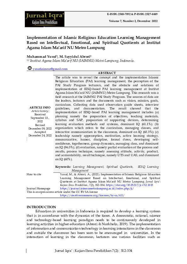 (PDF) Implementation of Islamic Religious Education Learning Management ...