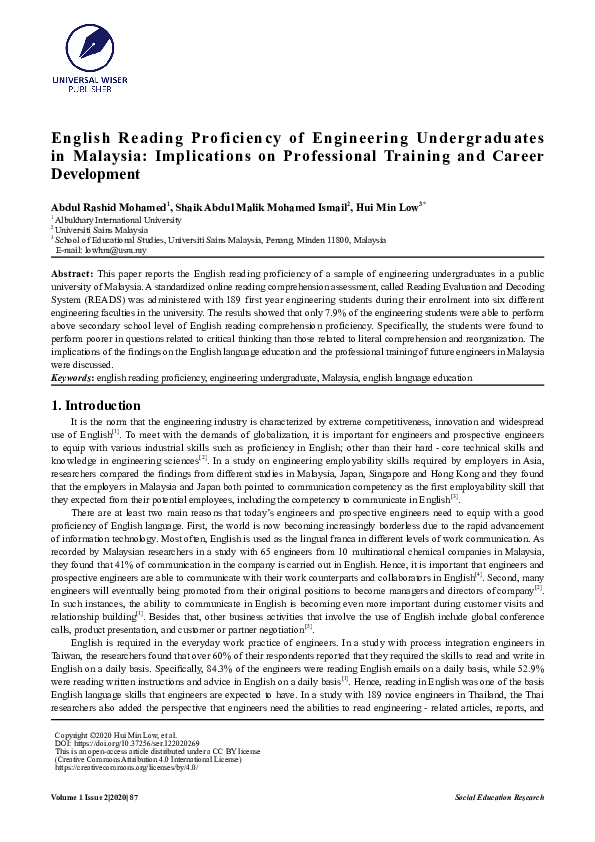 (PDF) English Reading Proficiency of Engineering Undergraduates in ...