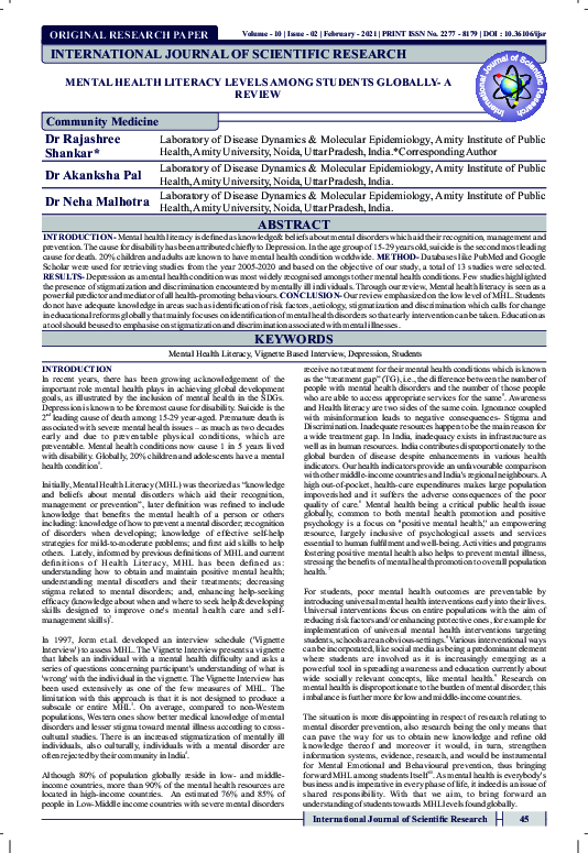 (PDF) Mental Health Literacy Levels Among Students Globally- a Review