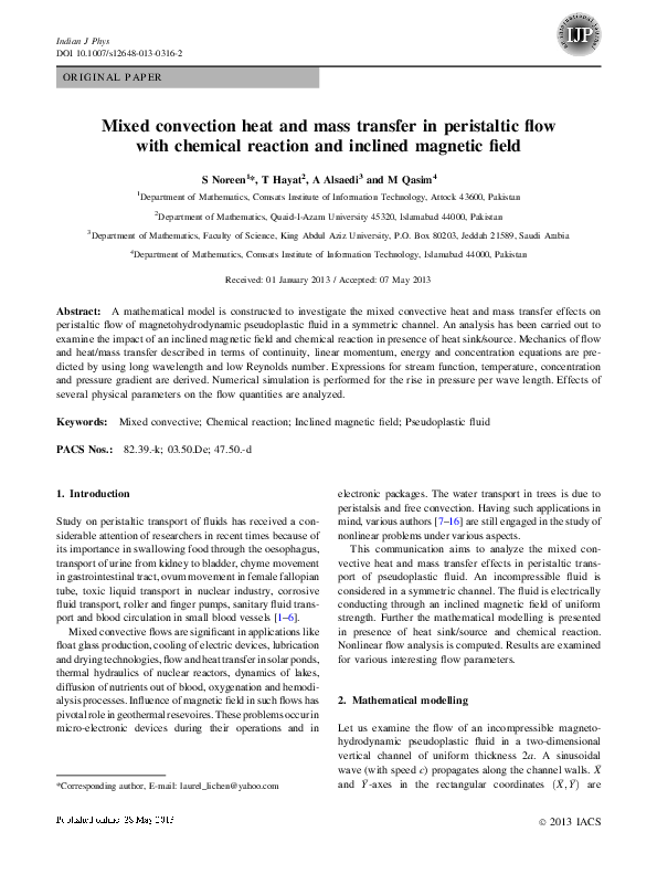 (PDF) Mixed convection heat and mass transfer in peristaltic flow with ...