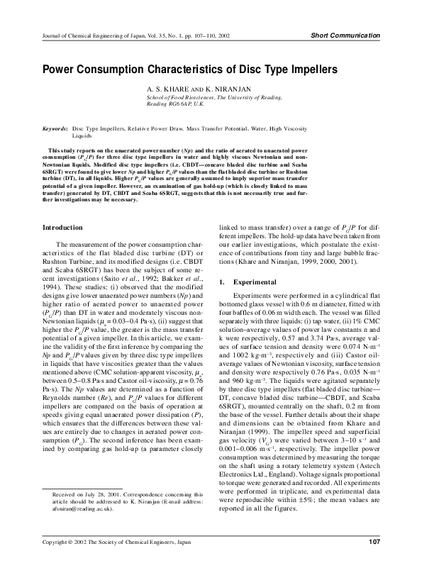 (PDF) Power Consumption Characteristics of Disc Type Impellers