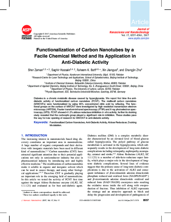 (PDF) Functionalization of Carbon Nanotubes by a Facile Chemical Method ...
