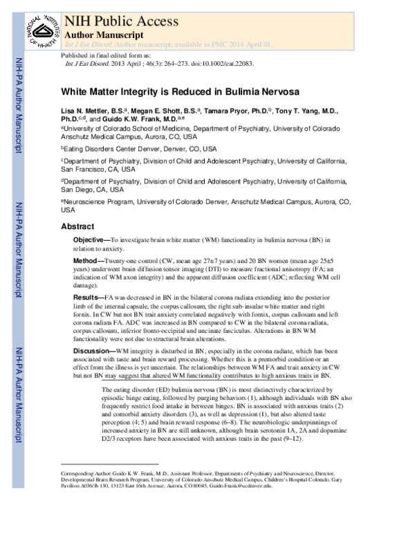 (PDF) White matter integrity is reduced in bulimia nervosa