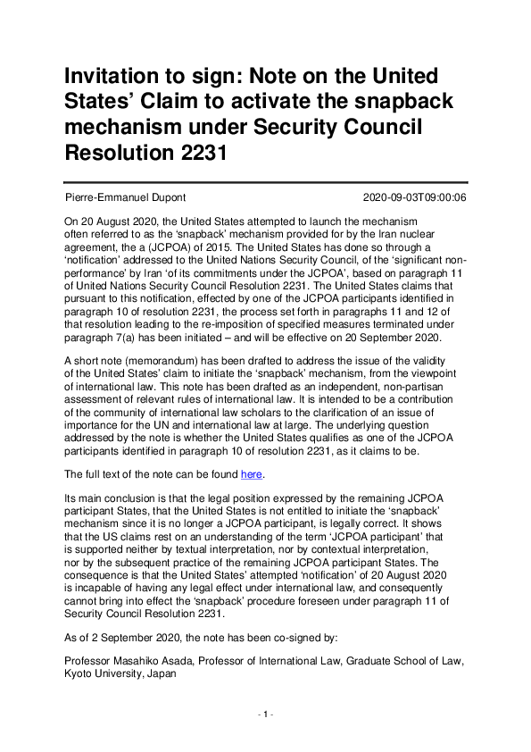 (PDF) Invitation to sign: Note on the United States' Claim to activate ...