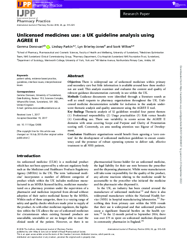(PDF) Unlicensed medicines use: a UK guideline analysis using AGREE II