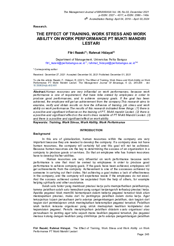 (PDF) The Effect of Training, Work Stress and Work Ability on Work ...