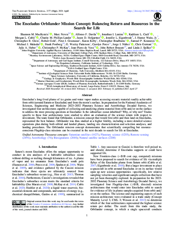 (PDF) The Enceladus Orbilander Mission Concept: Balancing Return and ...