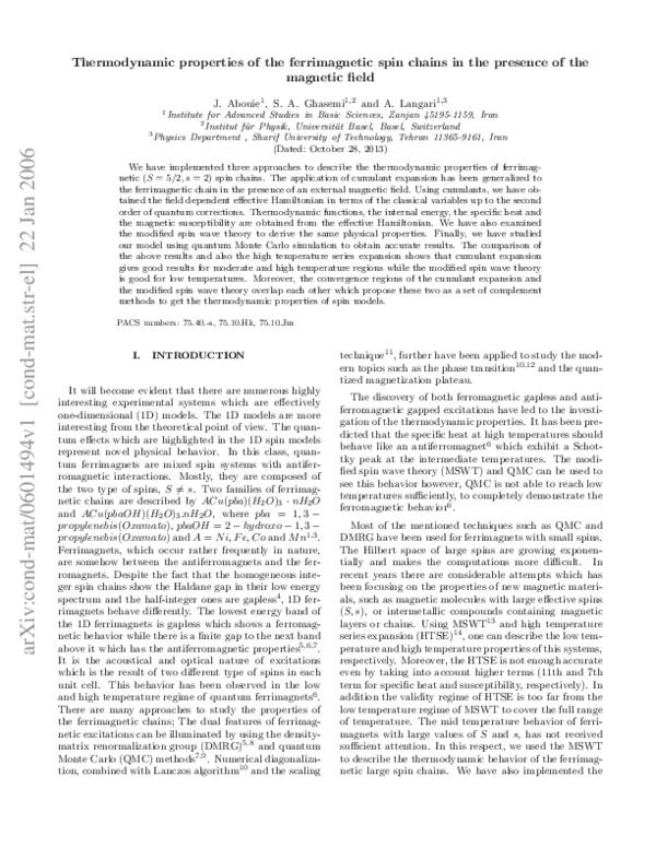 (PDF) Thermodynamic properties of ferrimagnetic spin chains in the ...