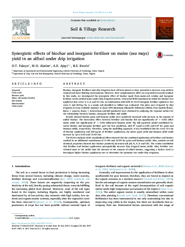 (PDF) Synergistic effects of biochar and inorganic fertiliser on maize ...