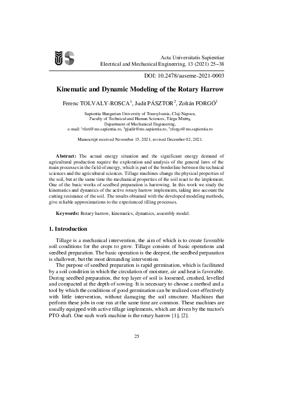 (PDF) Kinematic and Dynamic Modeling of the Rotary Harrow