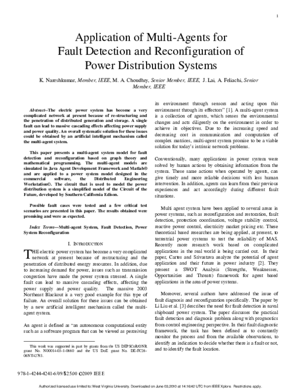 (PDF) Application of multi-agents for fault detection and ...