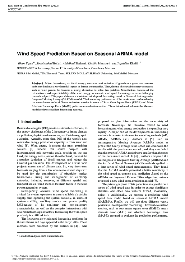 (PDF) Wind Speed Prediction Based on Seasonal ARIMA model